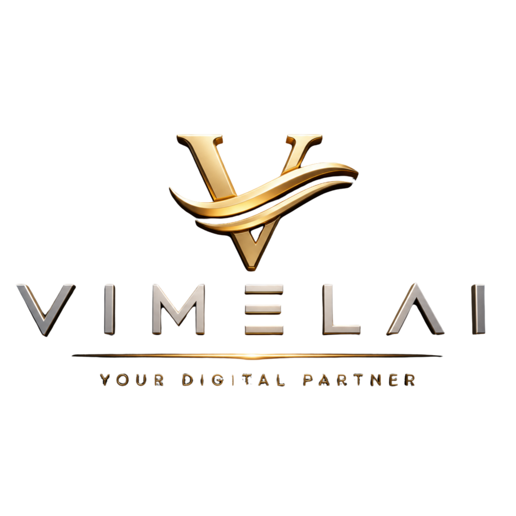 Λογότυπο Vimelai με χρυσό elegant σύμβολο και minimal premium σχεδιασμό σε μαύρο background, που αντιπροσωπεύει AI website και branding platform.