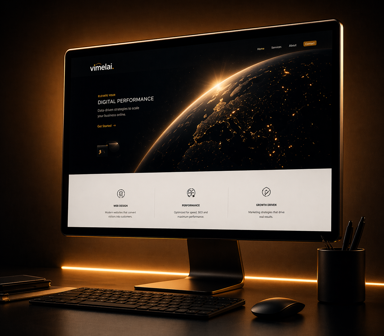 Premium dark luxury website design της Vimelai εμφανισμένο σε σύγχρονη οθόνη υπολογιστή με χρυσό φωτισμό και cinematic AI αισθητική.
