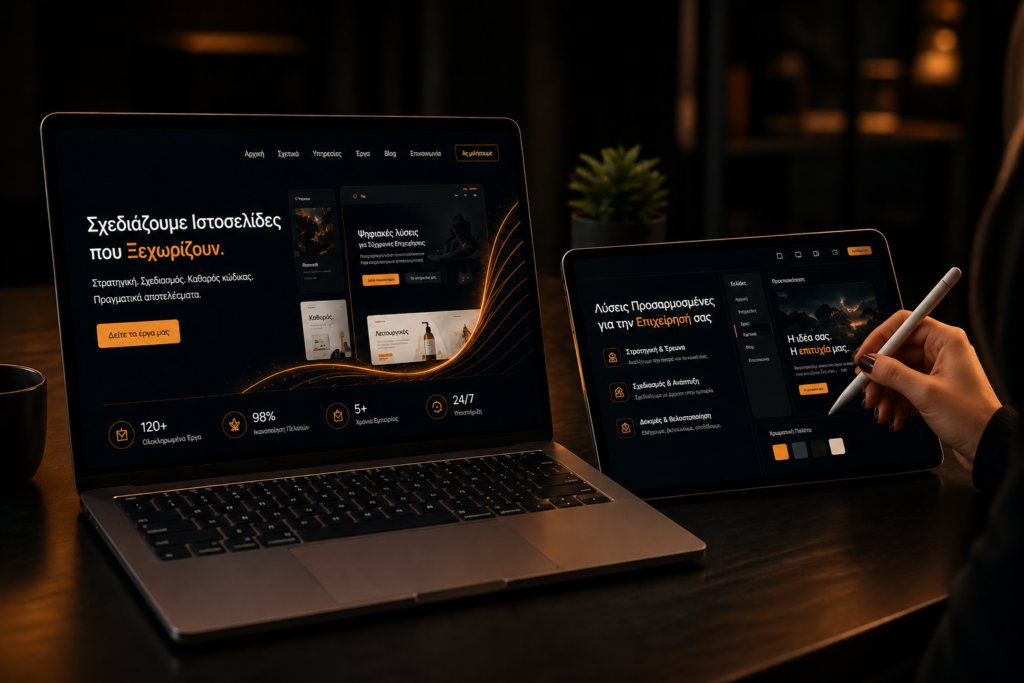 Premium website design mockup της Vimelai σε laptop και tablet συσκευή